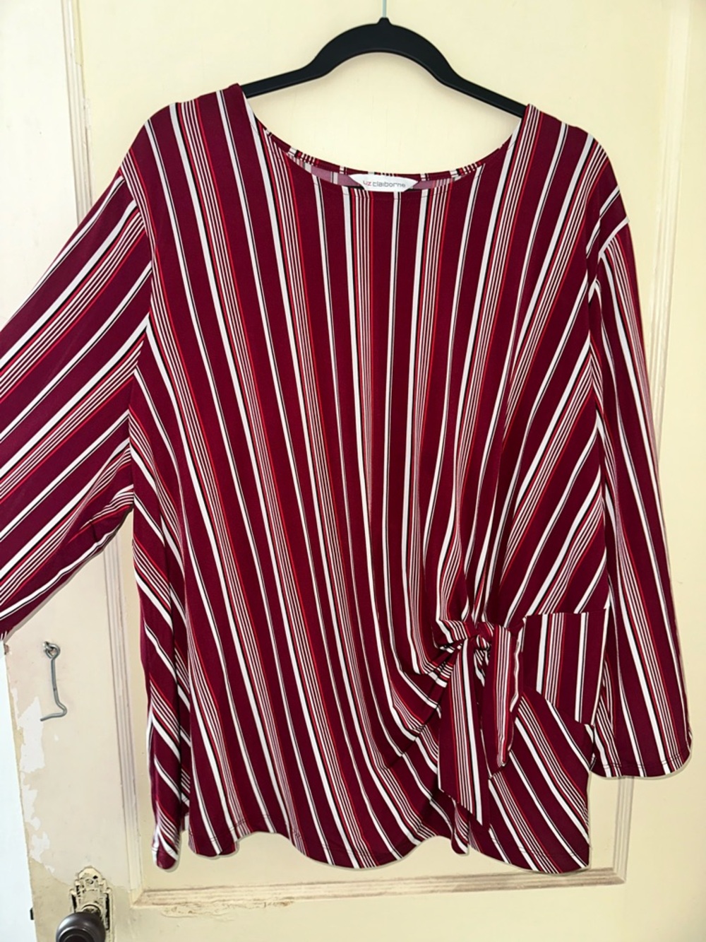 Liz Claiborne Burgundy and White Striped Side-Tie Blouse